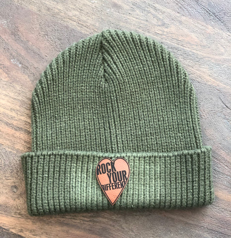 Military Green Beanie • Tan Leather Patch